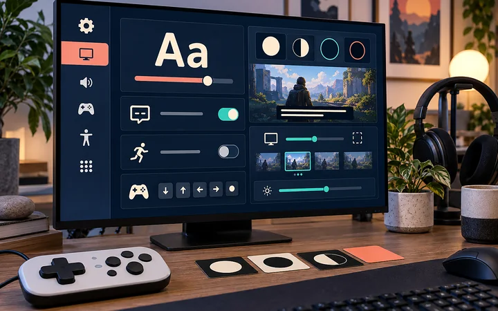 Game interface displayed across several screen sizes with contrast and accessibility references