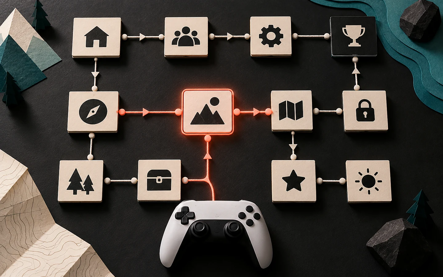 Game UI layouts on desktop, tablet, and laptop displays beside generic input devices