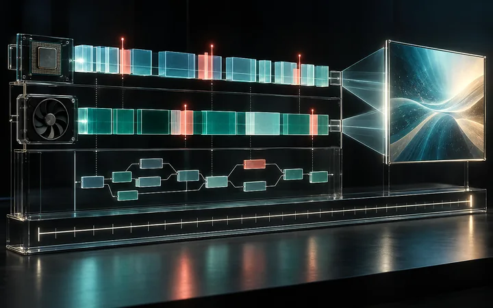 Game-development workstation with abstract performance graphs and a game scene on several displays