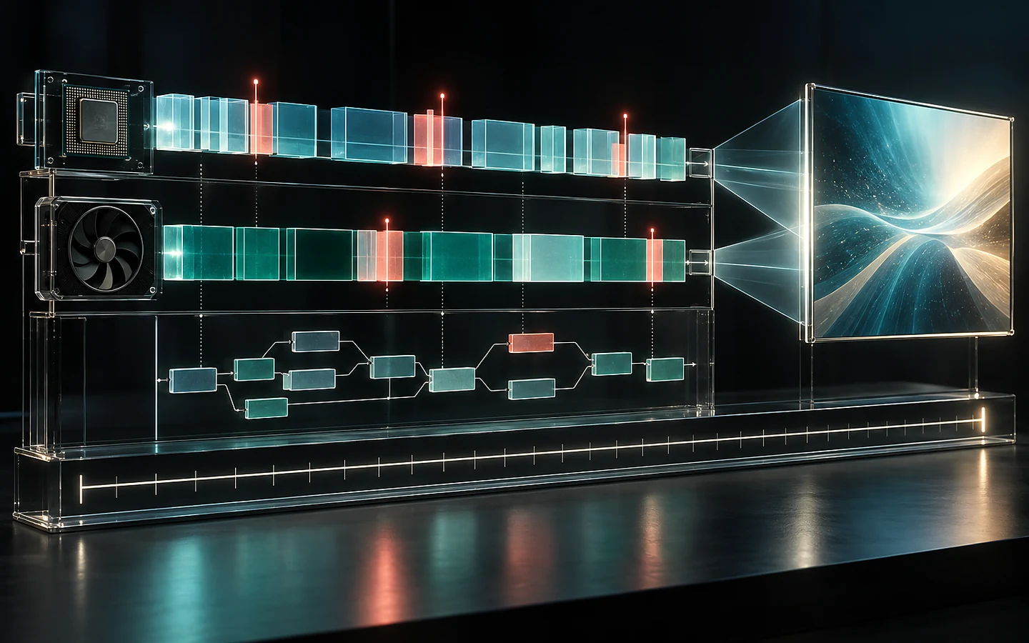Game-development workstation with abstract performance graphs and a game scene on several displays