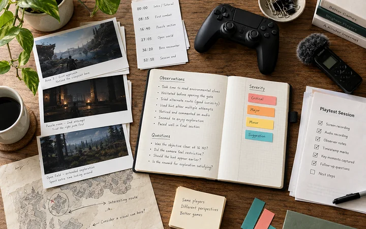 Overhead playtesting table with controllers, action cards, notes, and grouped feedback
