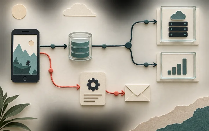 Multiple development screens representing mobile UI, settings, and data-flow review