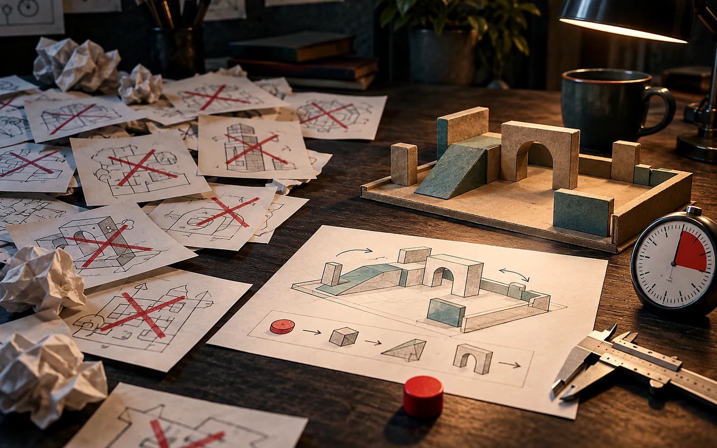 Paper sketches and a blockout scene used to test a game idea