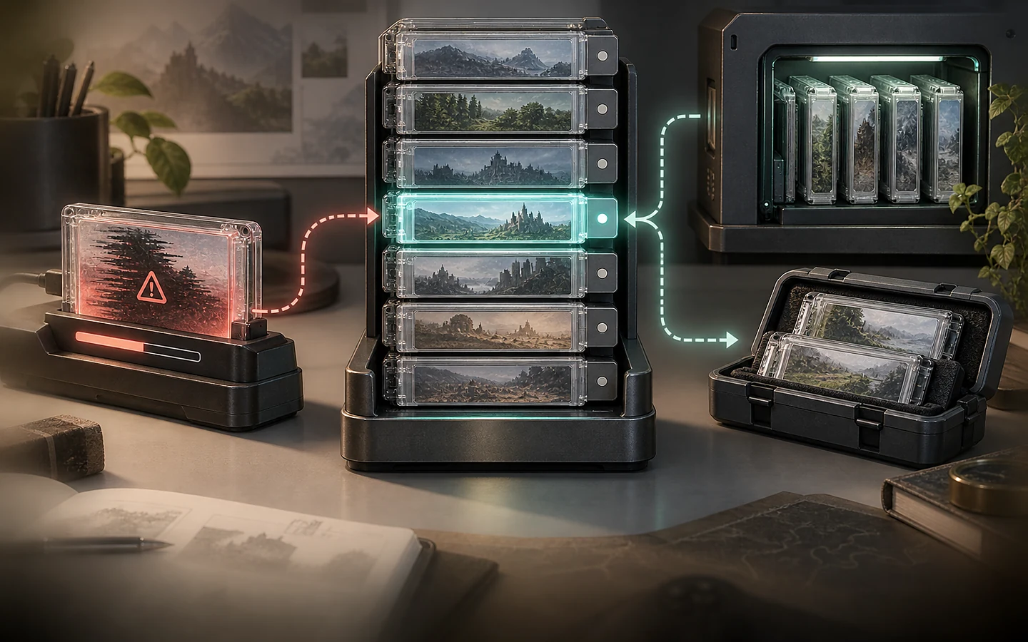 Development workstation representing a game build, settings, and technical validation