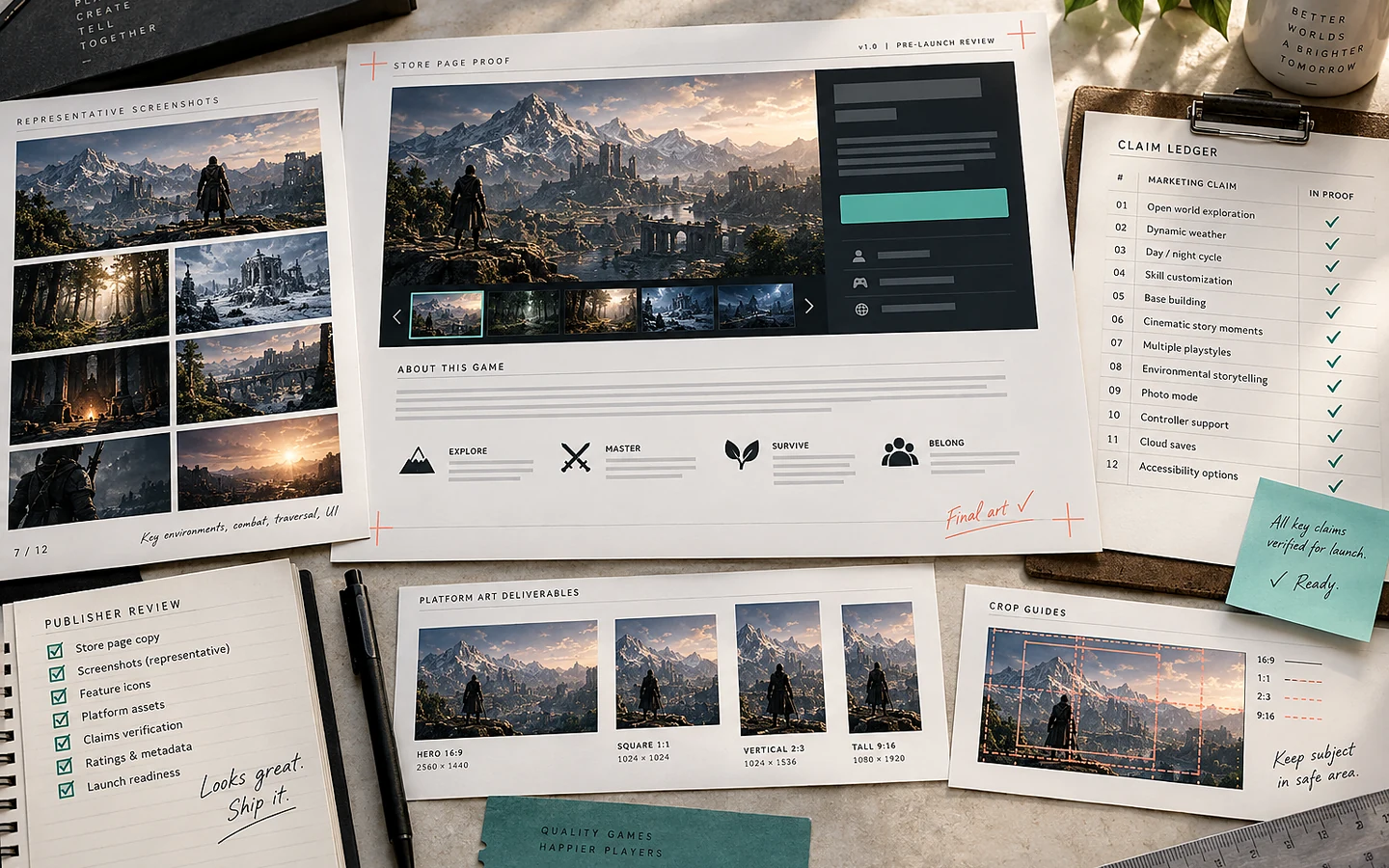 A game prototype, sketches, and production references prepared for a clear presentation