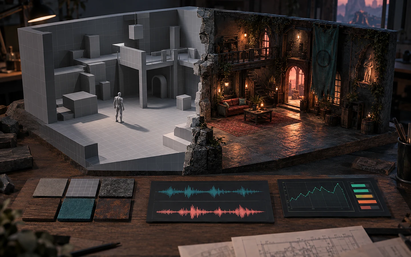 Blockout level pieces beside production sketches and a simple game scene